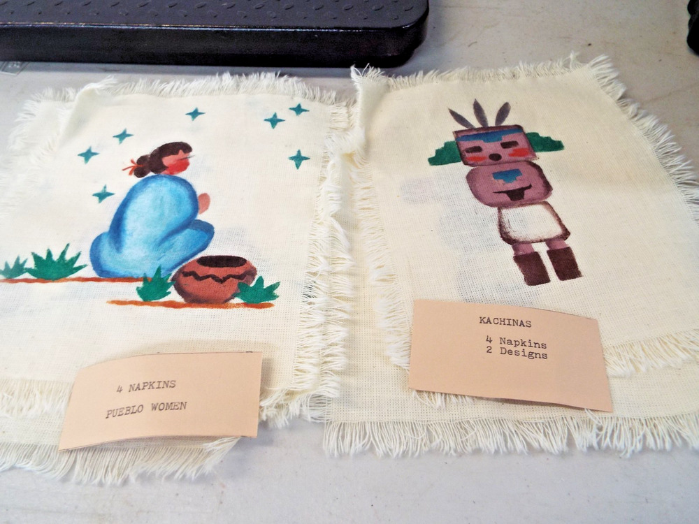 8 Vintage Southwestern Kachina Doll Linen Napkins Hand painted